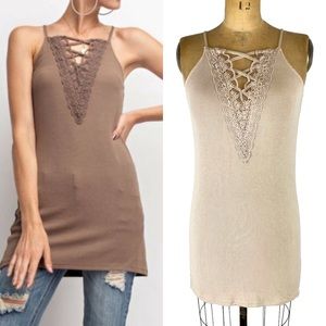 Easel Taupe Stretchy Lace-up V-neck Boho Ribbed Cami Tunic Size S